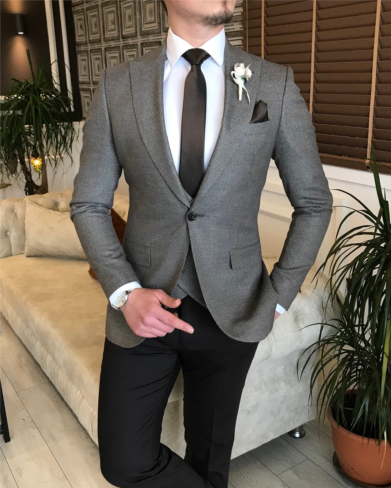 İtalyan stil ceket yelek pantalon kombin takım elbise Kahverengi T5813