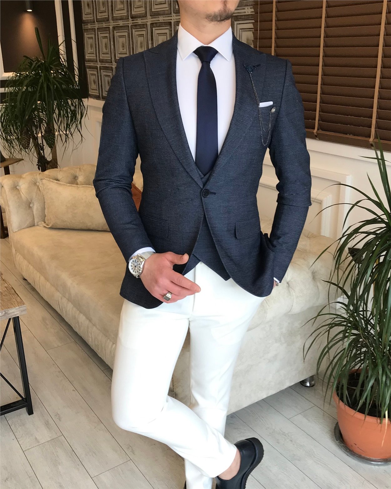 İtalyan stil ceket yelek pantalon kombin takım elbise Lacivert T5805