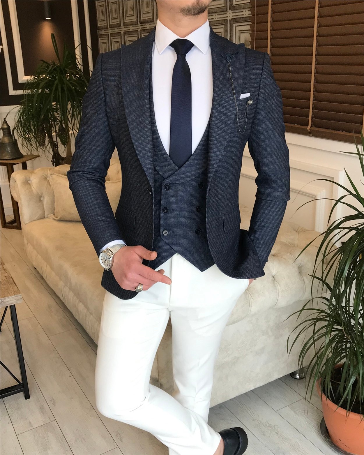 İtalyan stil ceket yelek pantalon kombin takım elbise Lacivert T5805