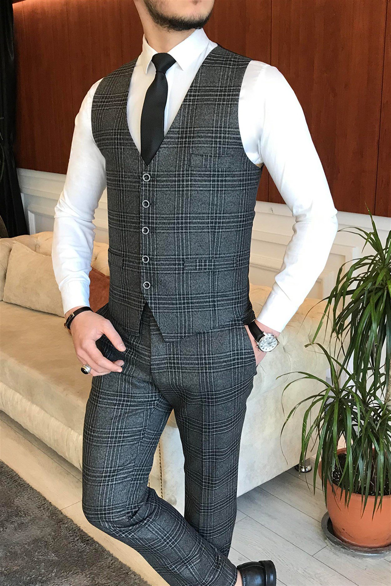 İtalyan stil ceket yelek pantolon antrasit 8 drop takım T7049