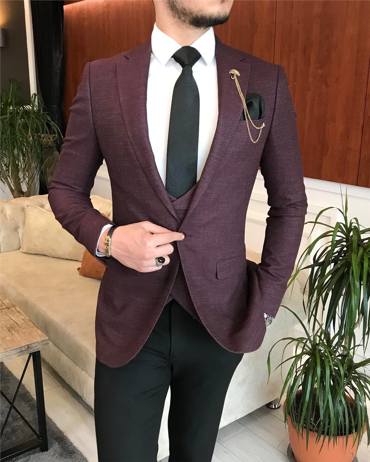 İtalyan stil ceket yelek pantolon bordo 8 drop takım T3451