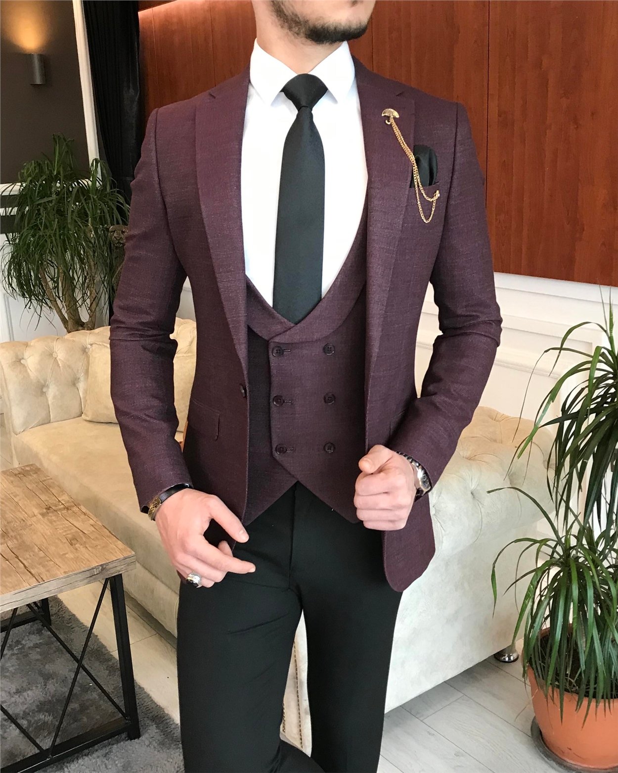 İtalyan stil ceket yelek pantolon bordo 8 drop takım T3451