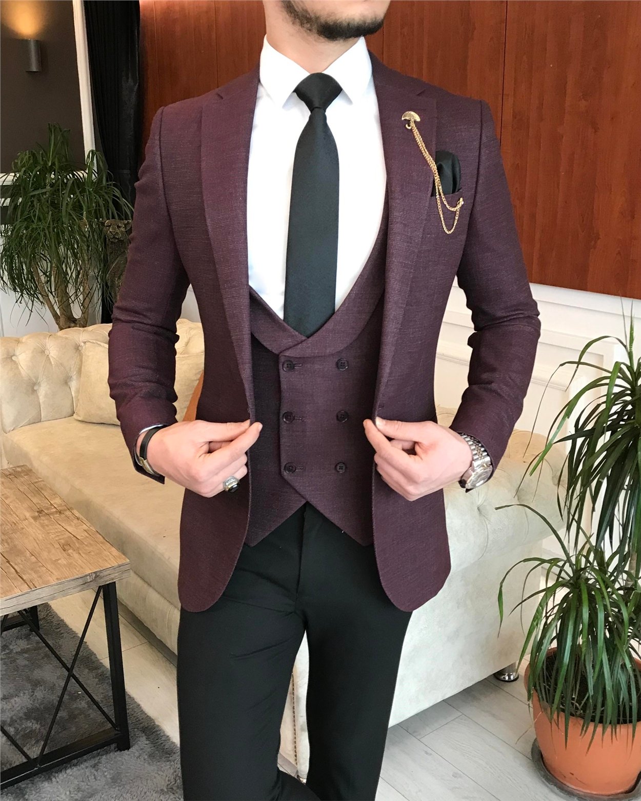İtalyan stil ceket yelek pantolon bordo 8 drop takım T3451