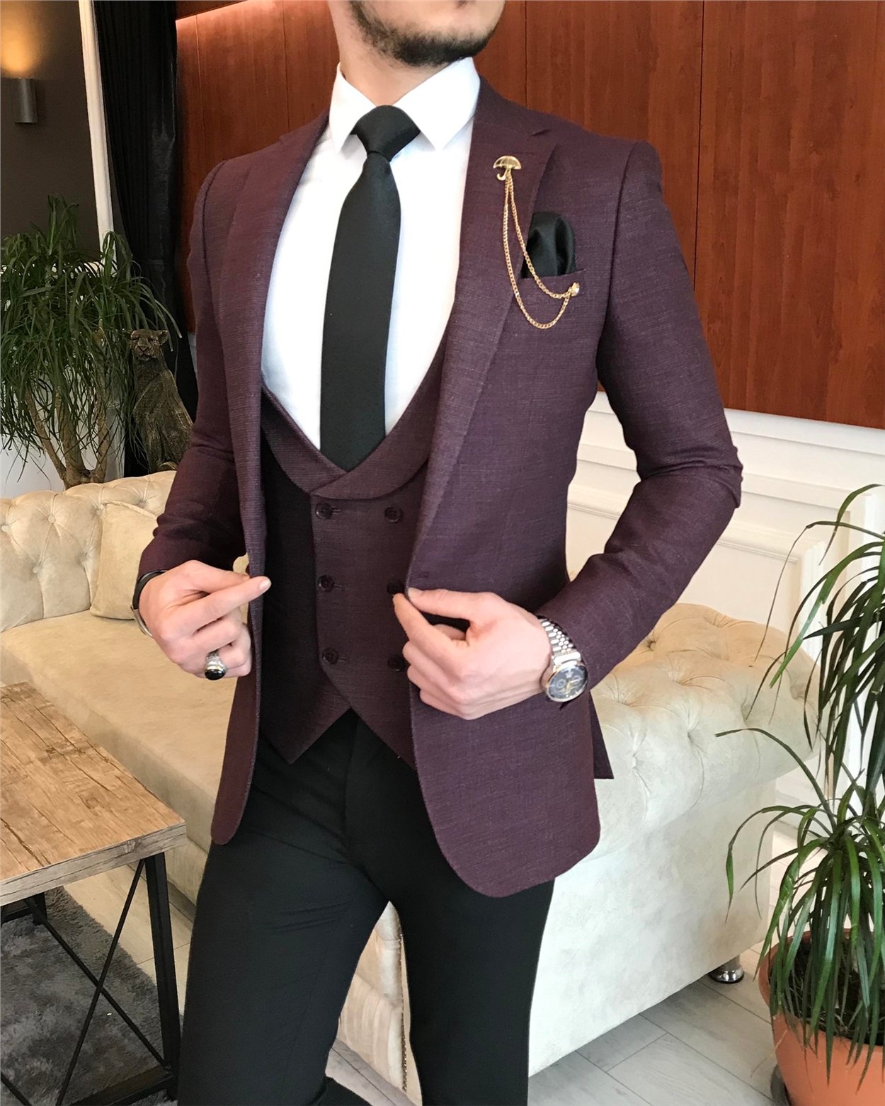 İtalyan stil ceket yelek pantolon bordo 8 drop takım T3451