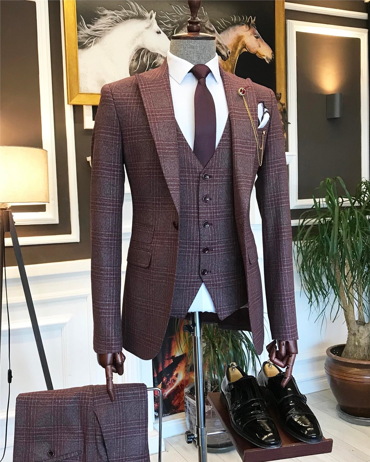 İtalyan stil ceket yelek pantolon bordo 8 drop takım T7051