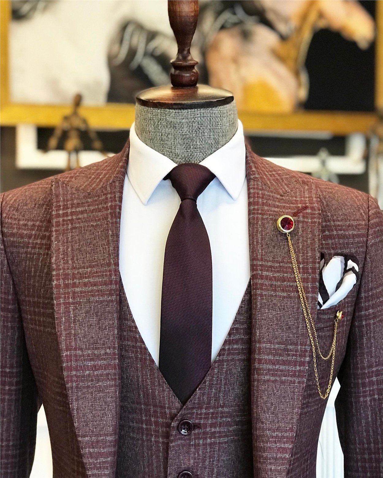 İtalyan stil ceket yelek pantolon bordo 8 drop takım T7051