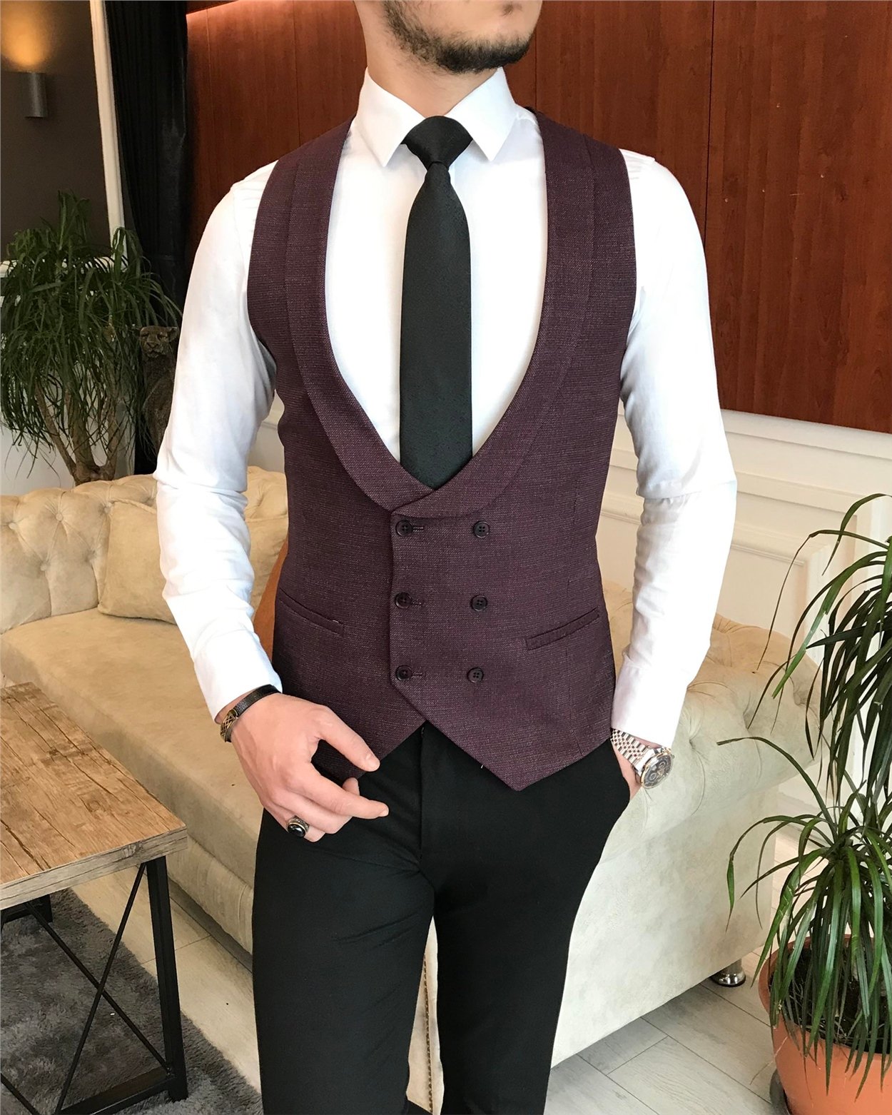 İtalyan stil ceket yelek pantolon bordo 8 drop takım T3451