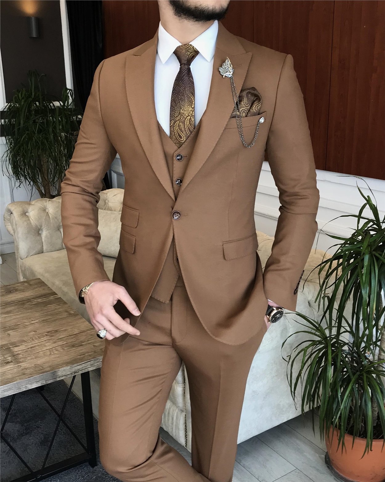 İtalyan stil ceket yelek pantolon camel 8 drop takım T7041