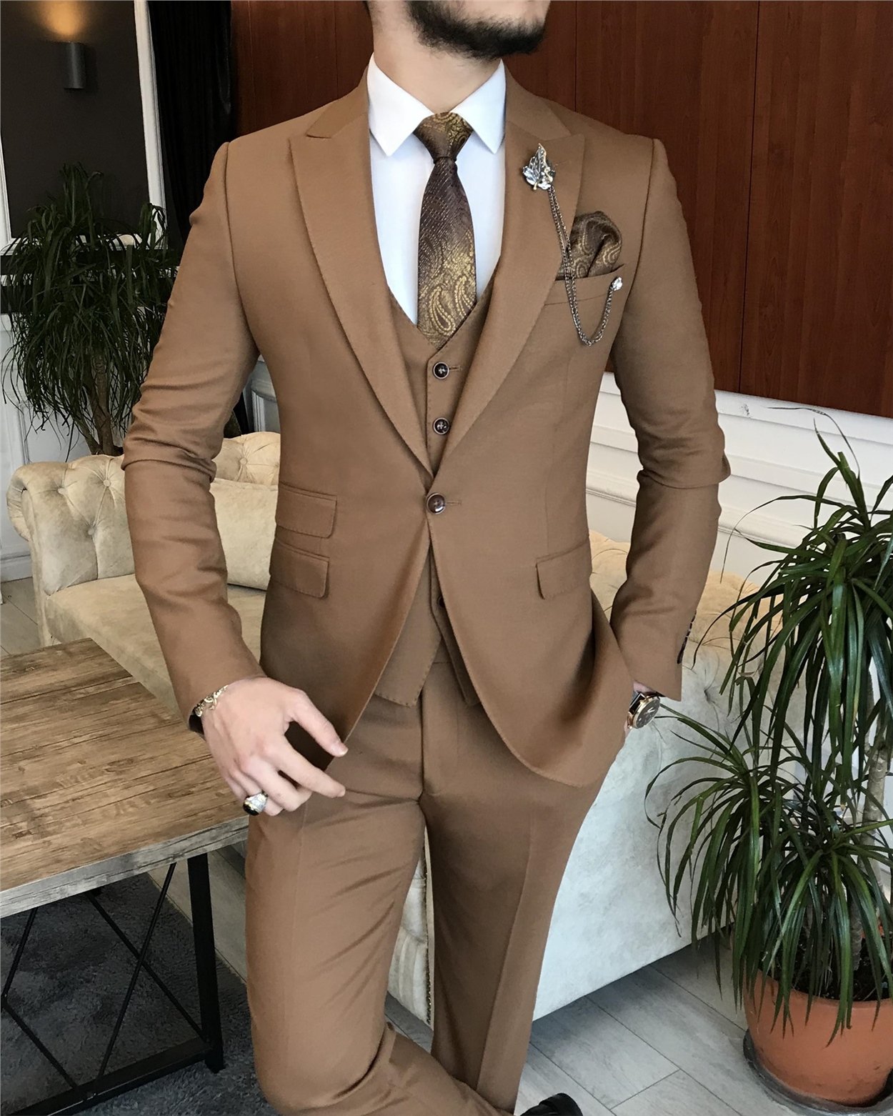 İtalyan stil ceket yelek pantolon camel 8 drop takım T7041