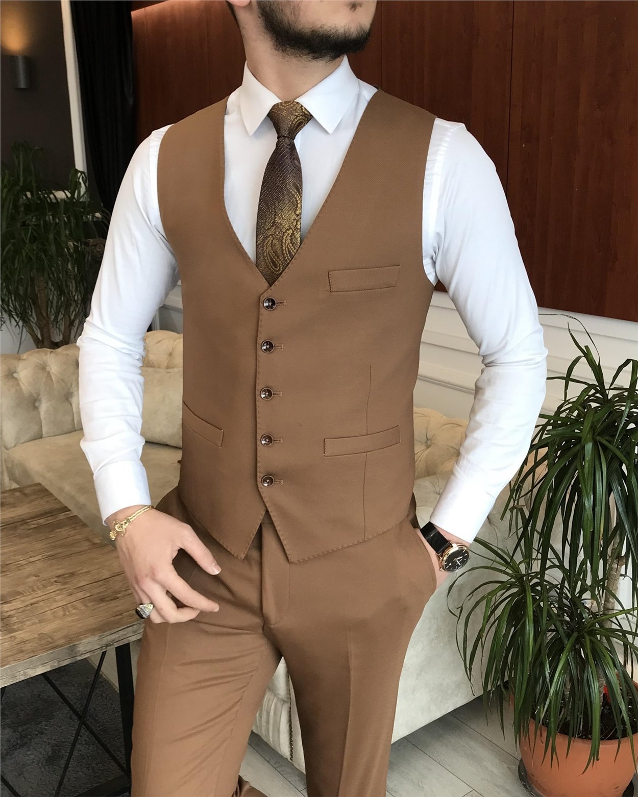 İtalyan stil ceket yelek pantolon camel 8 drop takım T7041
