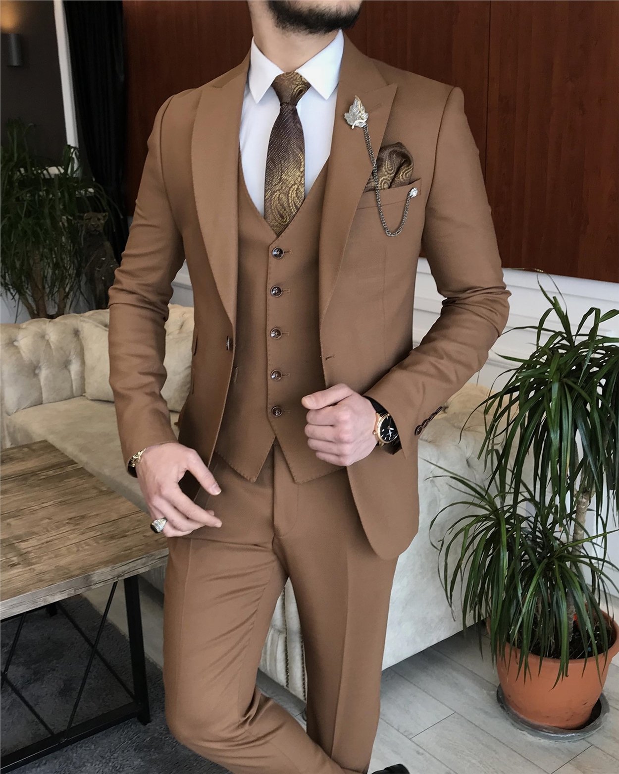 İtalyan stil ceket yelek pantolon camel 8 drop takım T7041