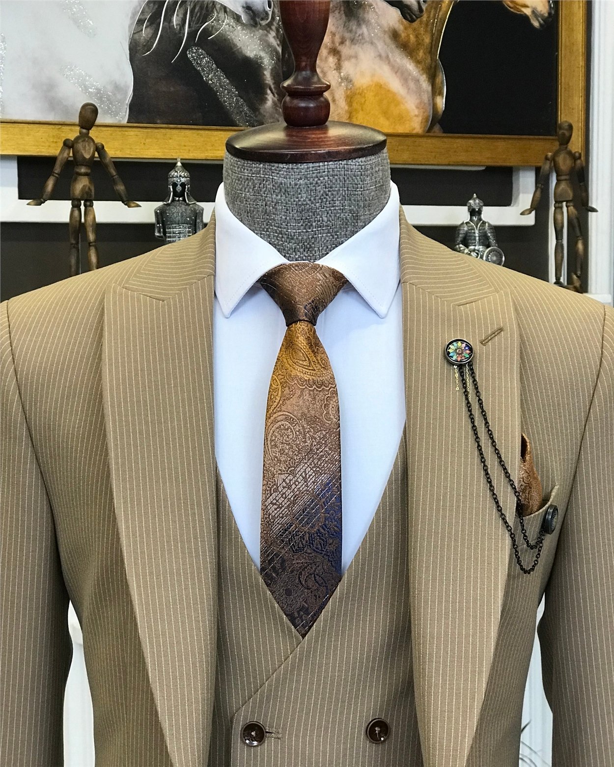 İtalyan stil  ceket yelek pantolon çizgili takım elbise Camel T6784