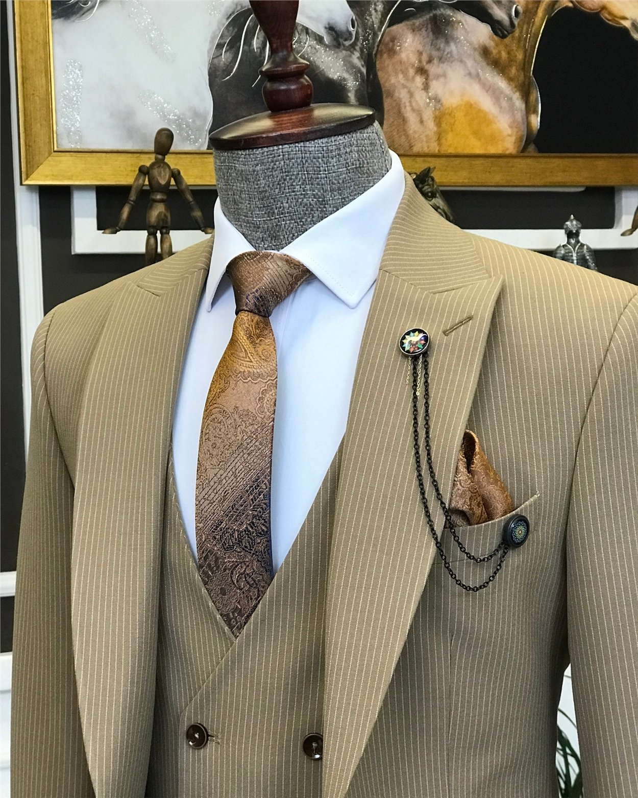 İtalyan stil  ceket yelek pantolon çizgili takım elbise Camel T6784