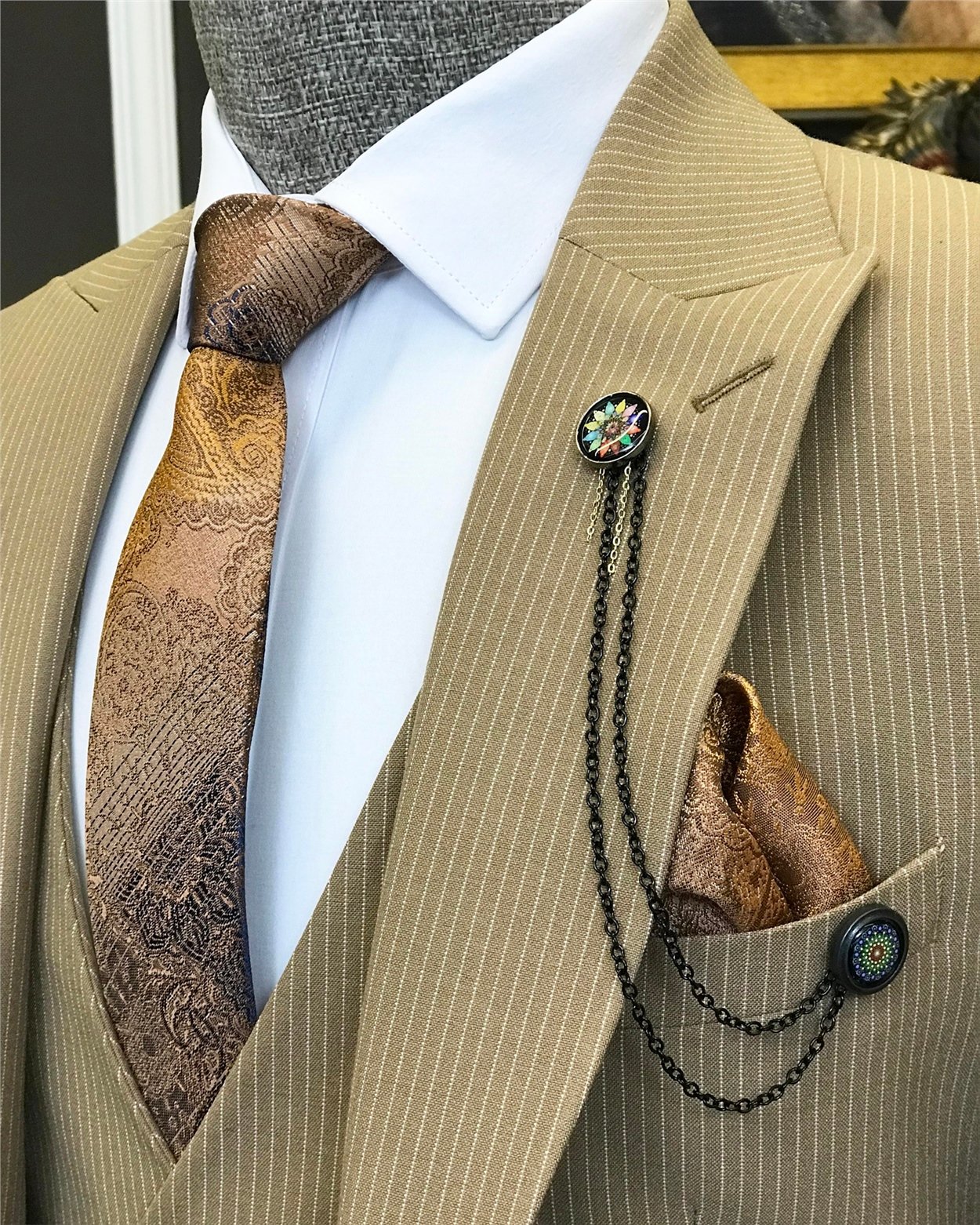 İtalyan stil  ceket yelek pantolon çizgili takım elbise Camel T6784