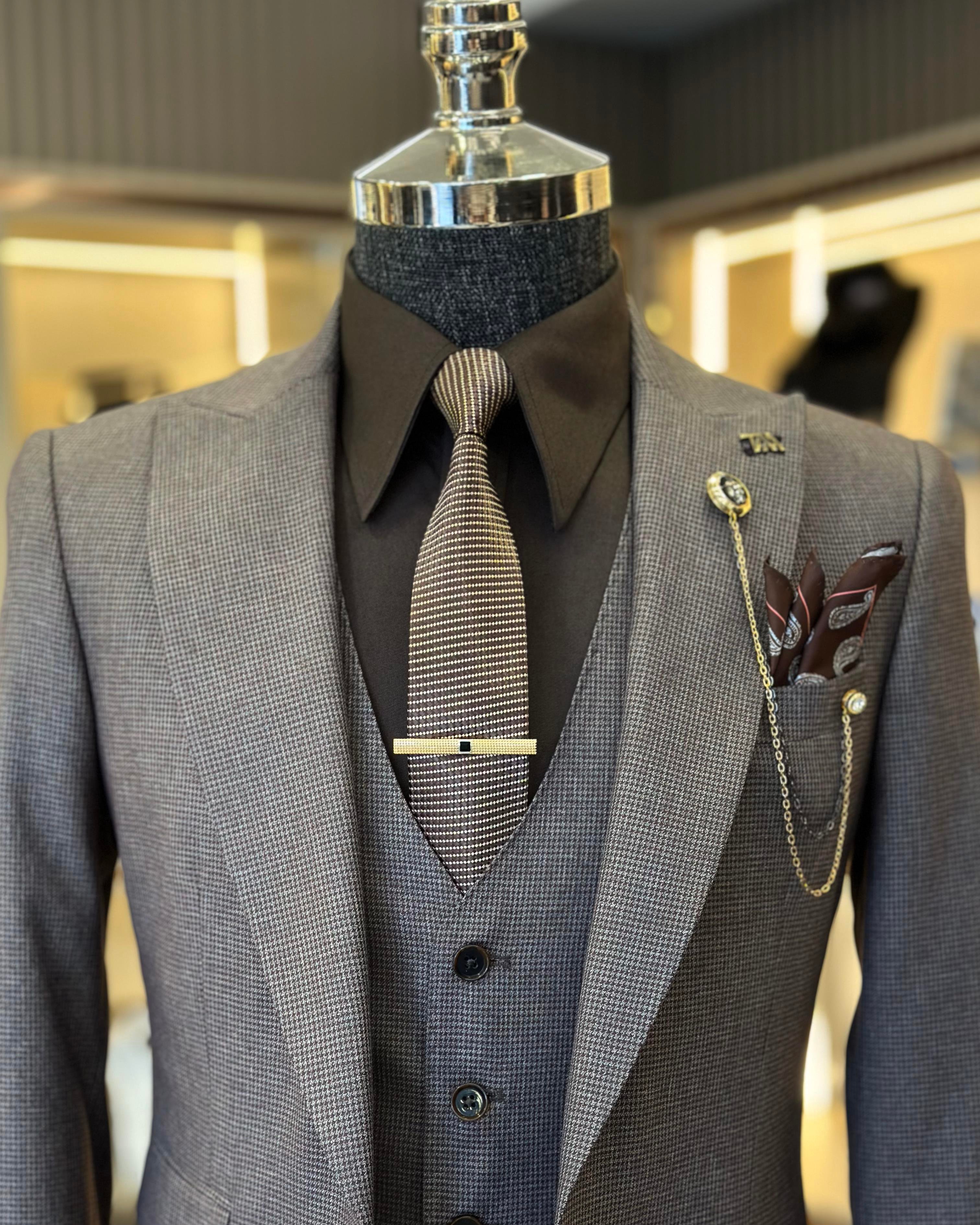  Italian style jacket vest trousers men's suit brown T11120