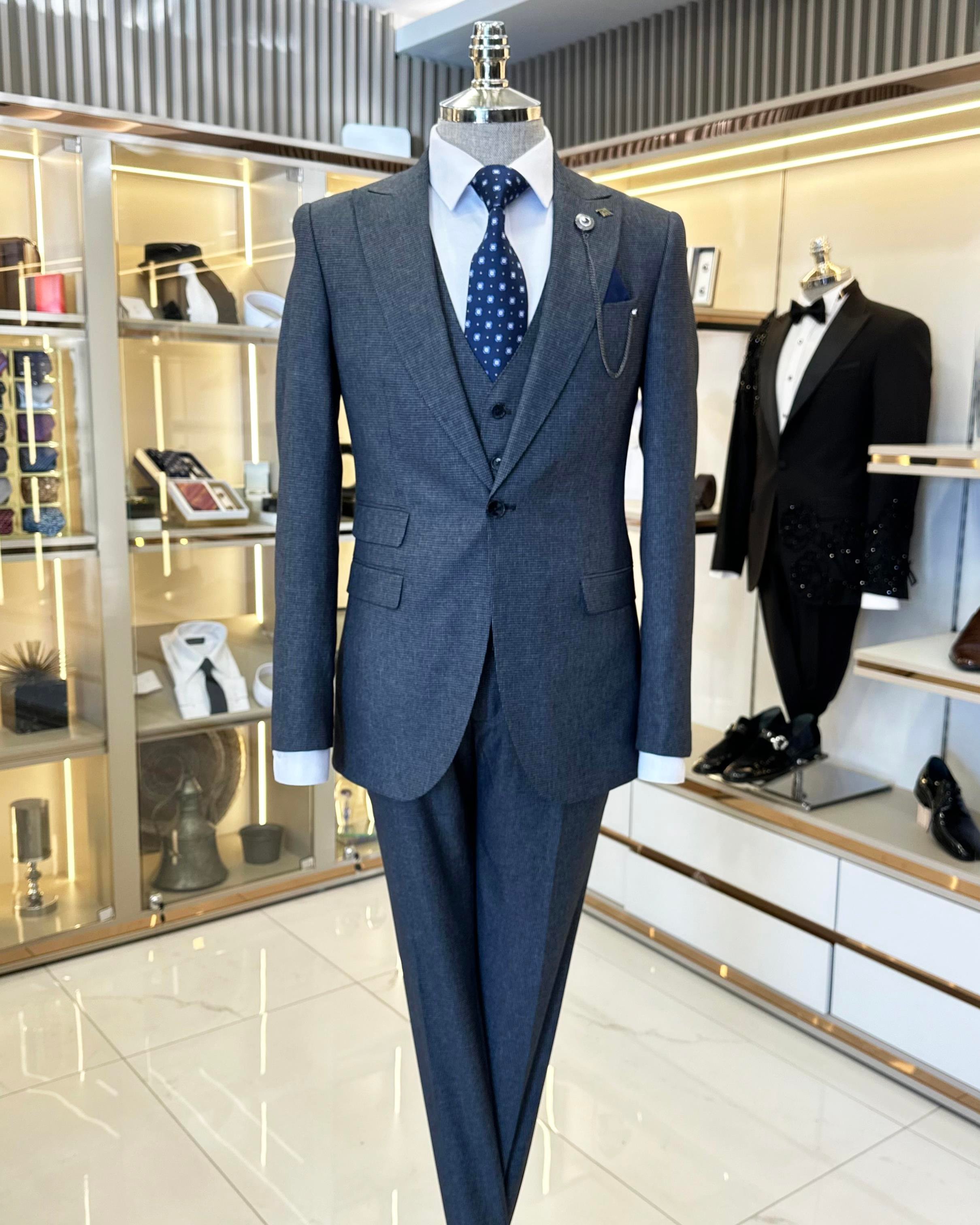 Italian style jacket vest trousers men's suit navy blue T11118