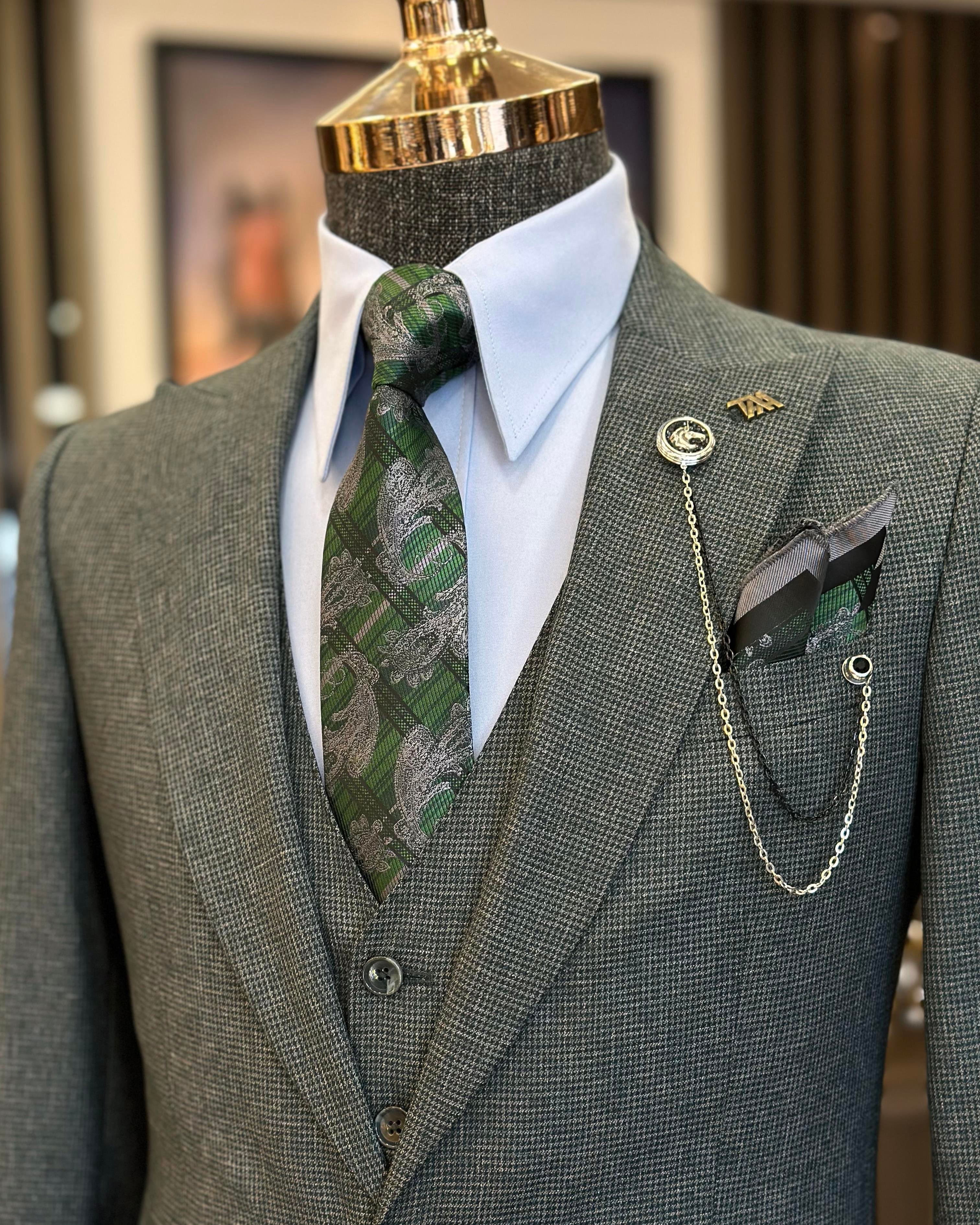 Italian style jacket vest trousers men's suit green T11119