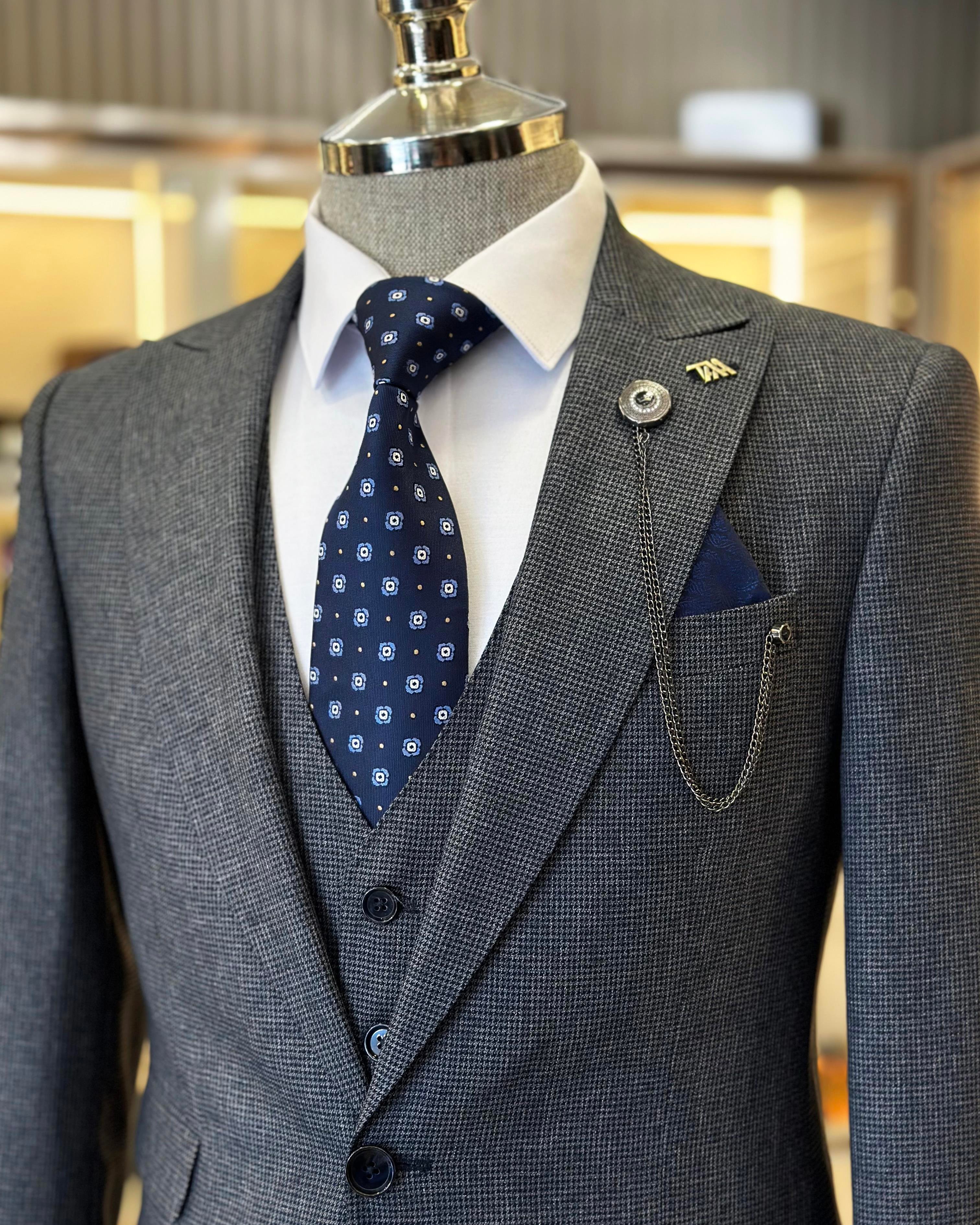 Italian style jacket vest trousers men's suit navy blue T11118
