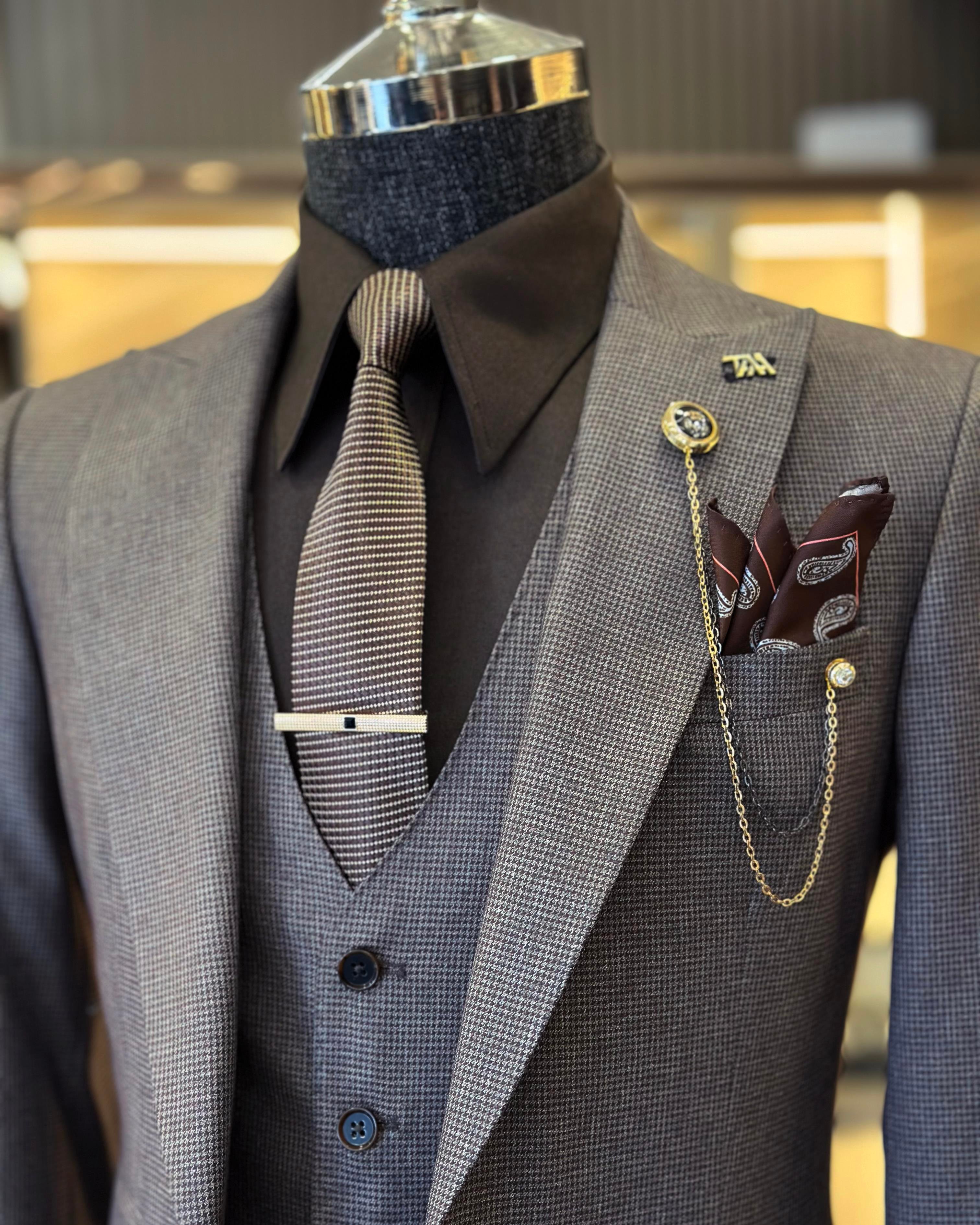  Italian style jacket vest trousers men's suit brown T11120