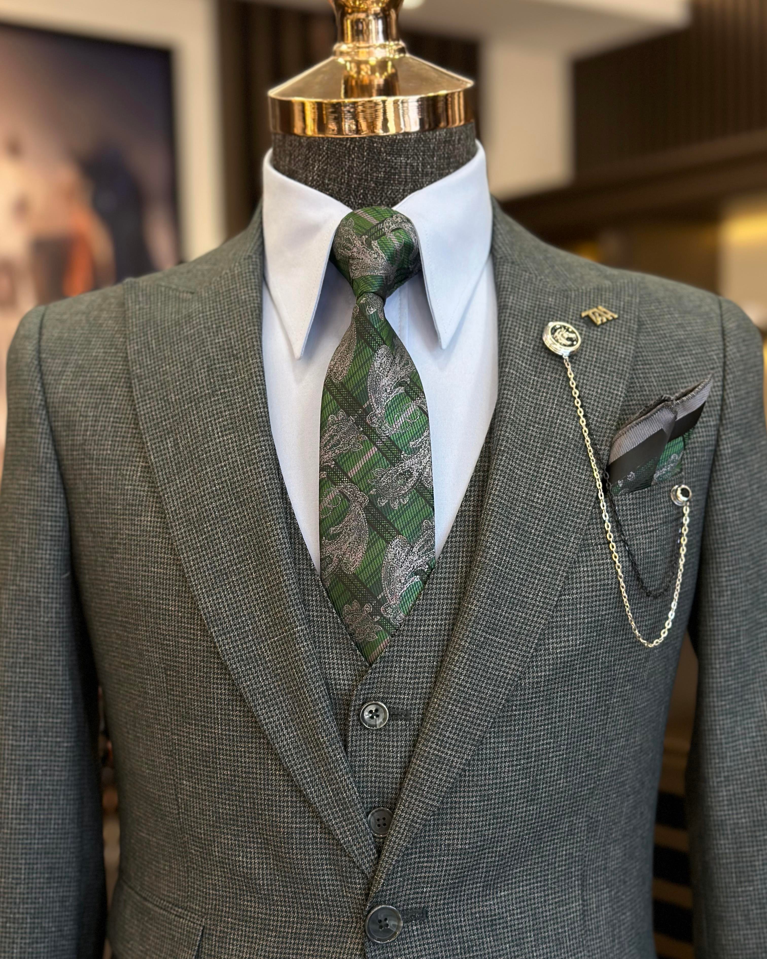 Italian style jacket vest trousers men's suit green T11119