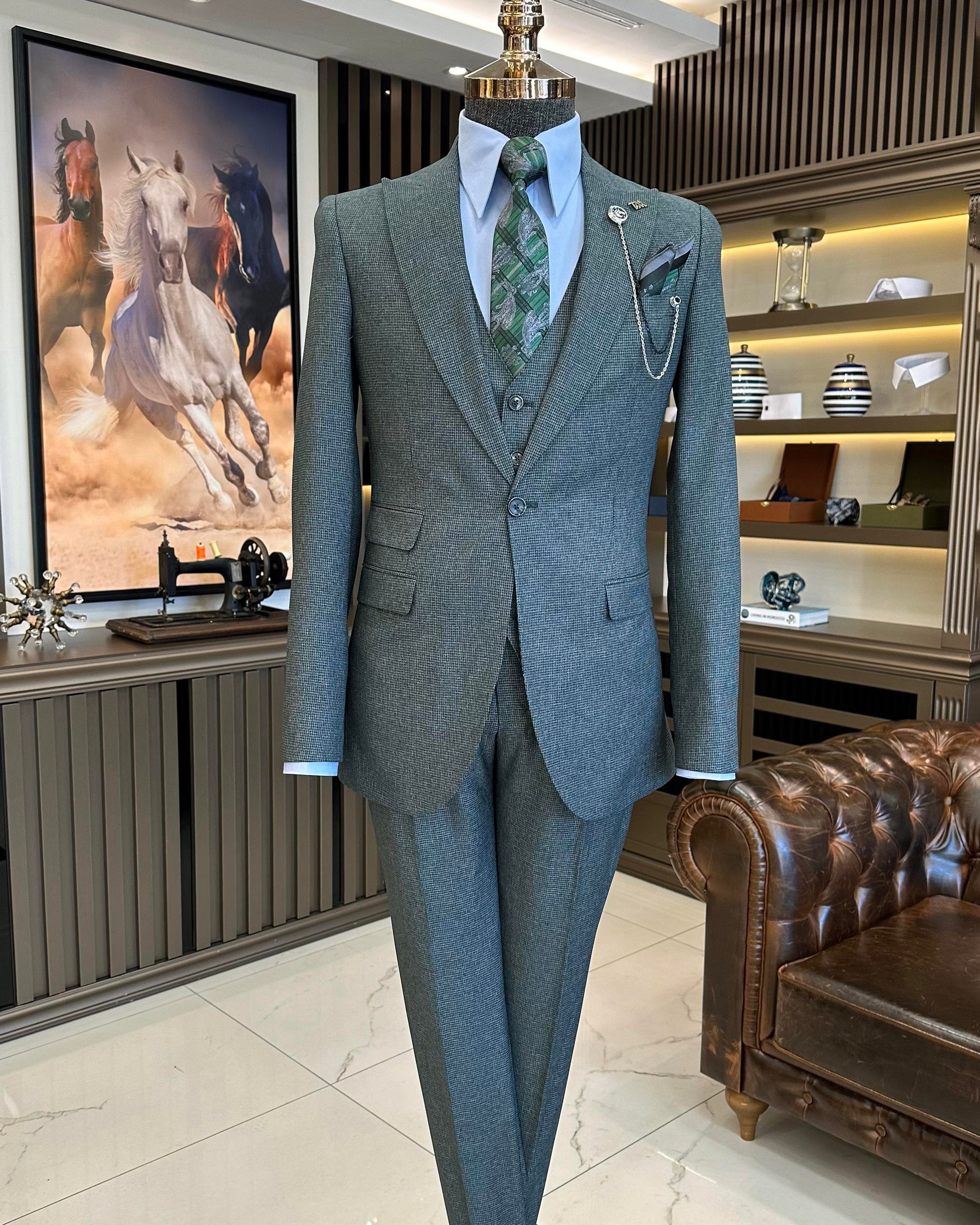 Italian style jacket vest trousers men's suit green T11119