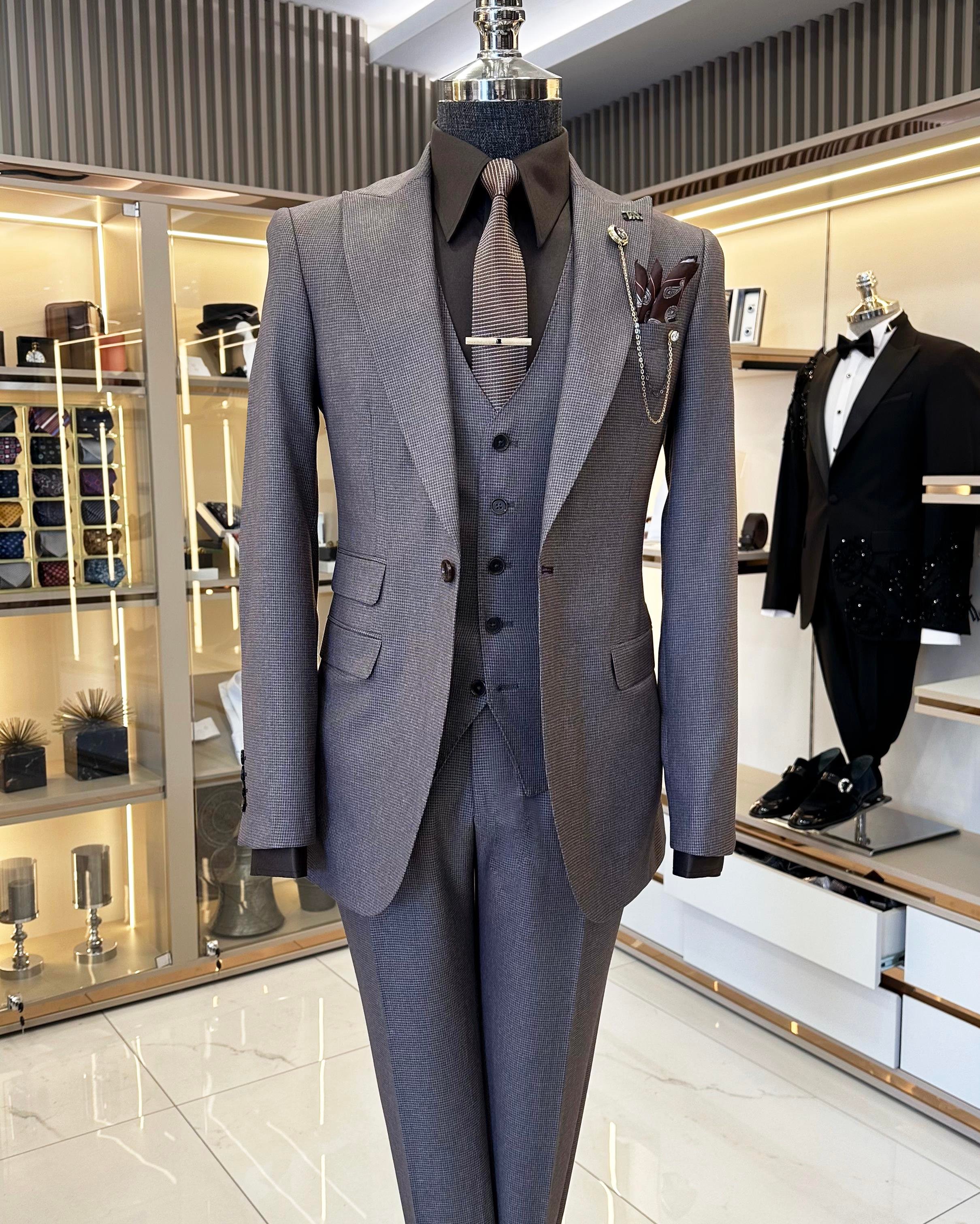  Italian style jacket vest trousers men's suit brown T11120
