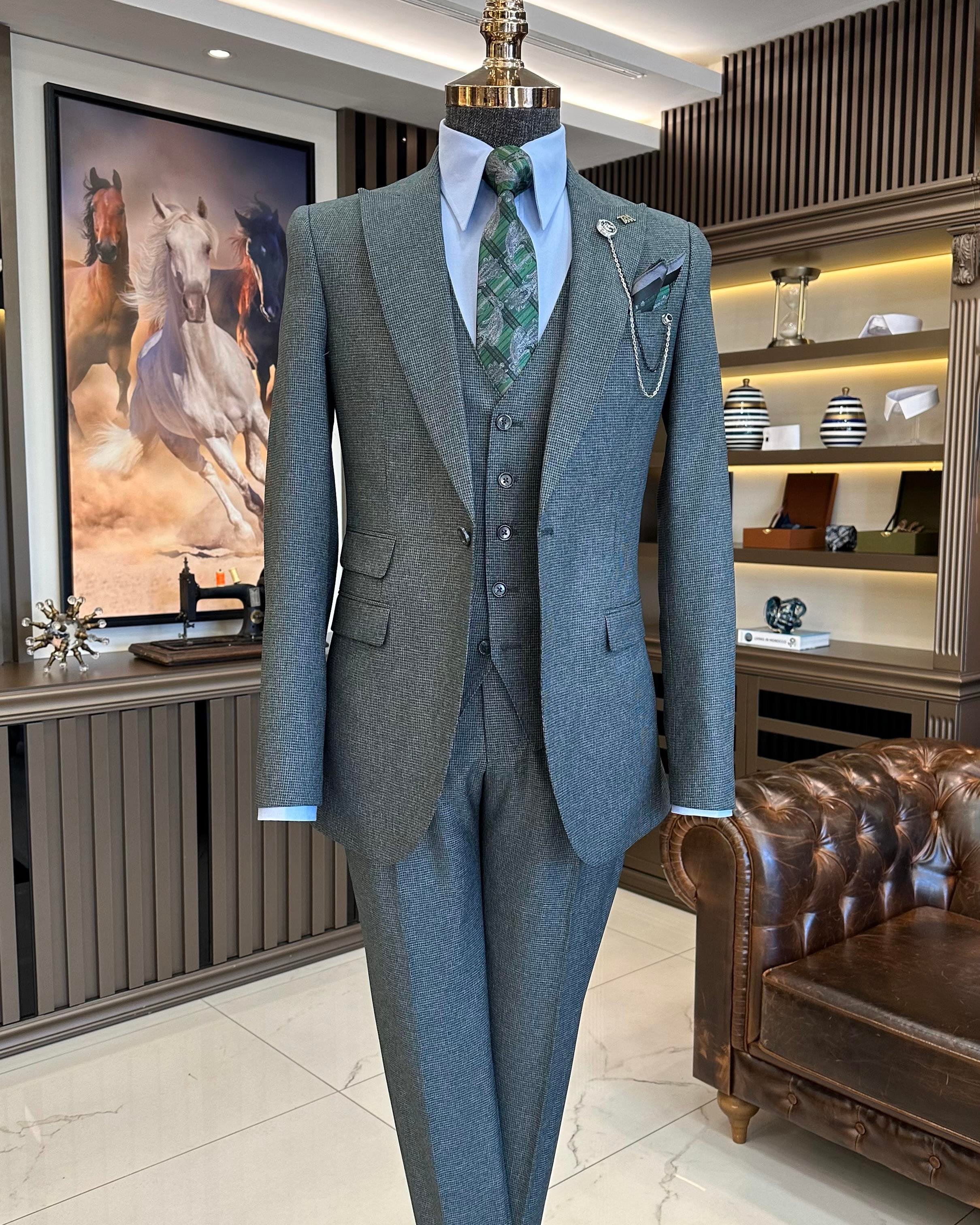 Italian style jacket vest trousers men's suit green T11119