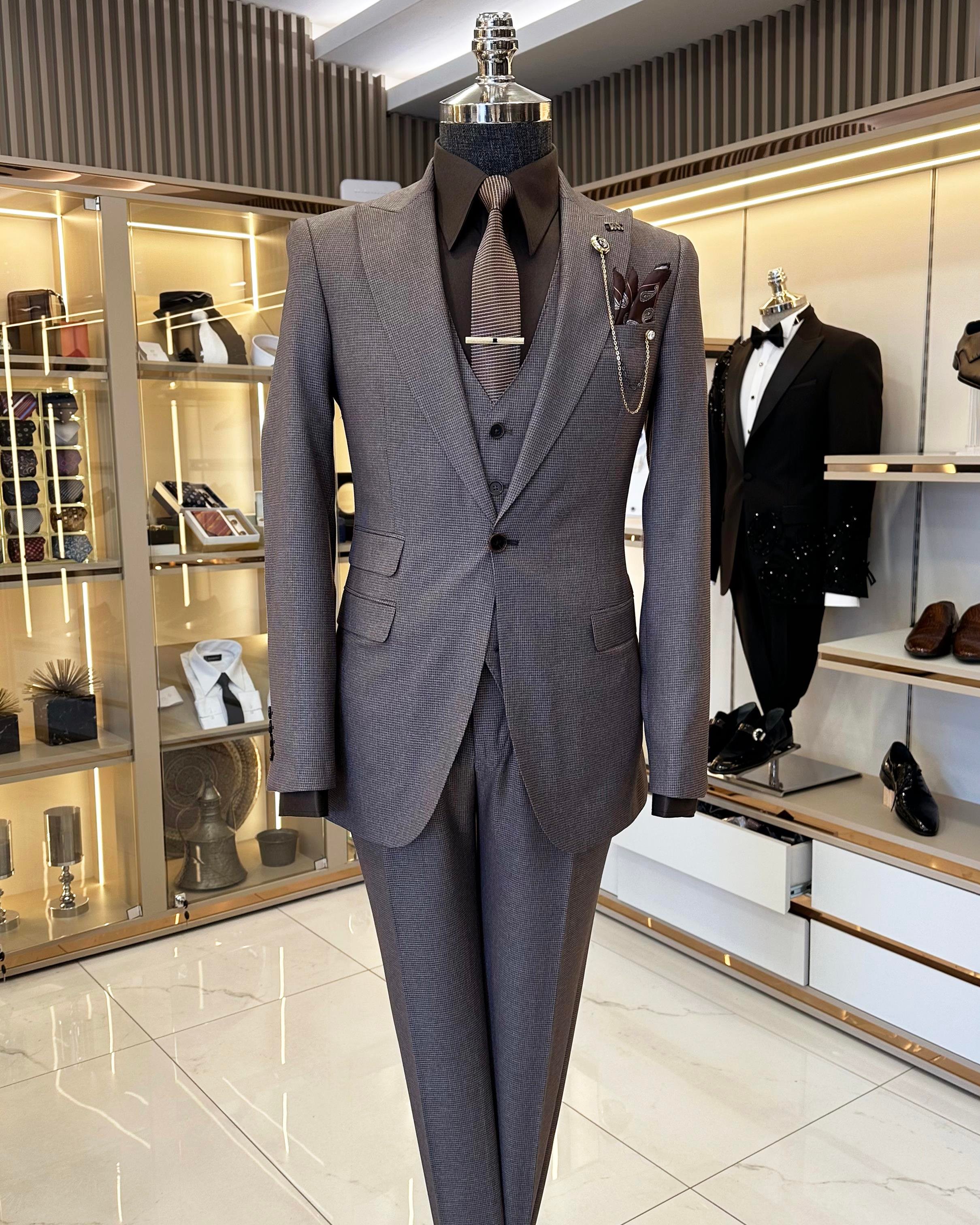  Italian style jacket vest trousers men's suit brown T11120