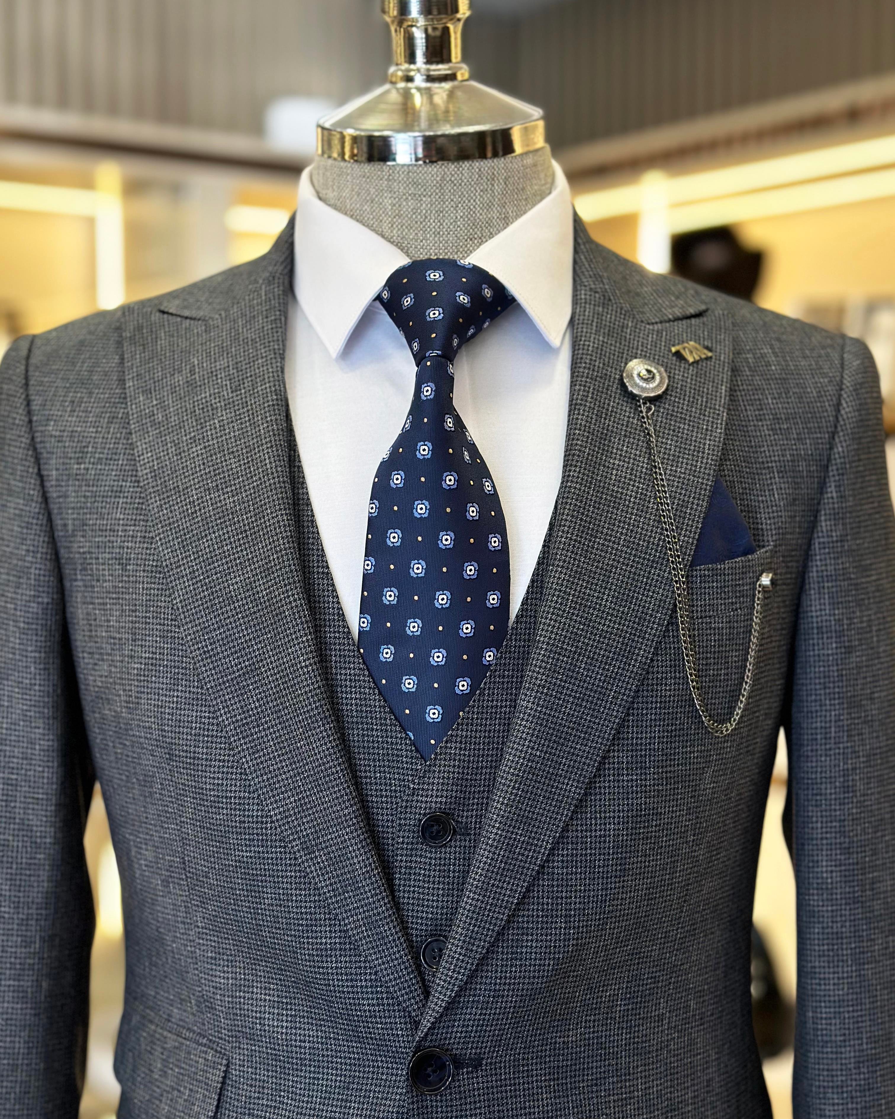 Italian style jacket vest trousers men's suit navy blue T11118