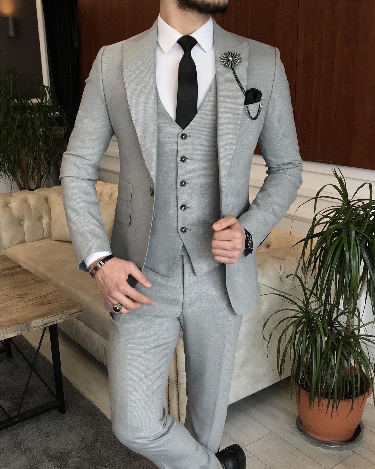 İtalyan stil ceket yelek pantolon gri 8 drop takım T7036