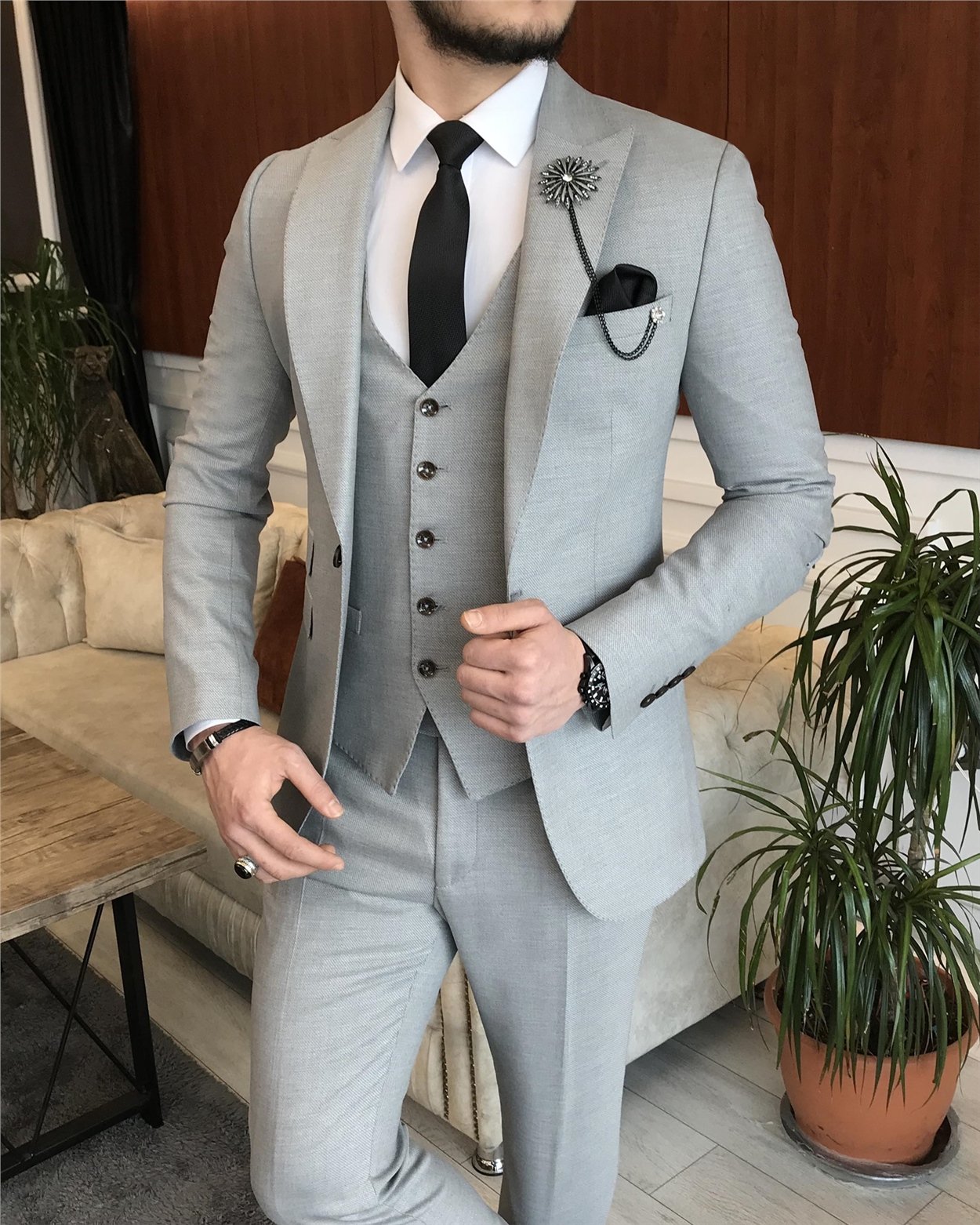 İtalyan stil ceket yelek pantolon gri 8 drop takım T7036