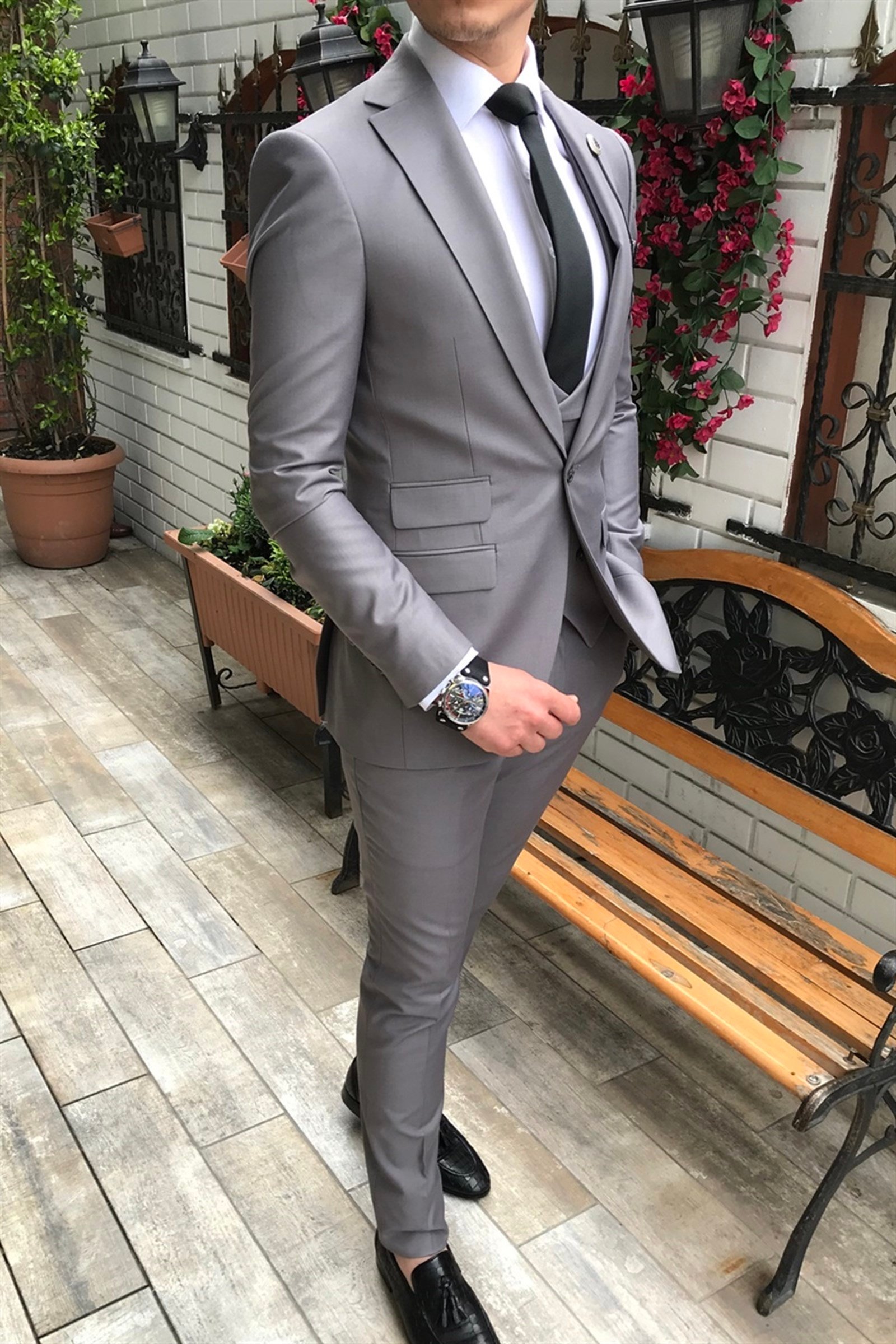 İtalyan stil ceket yelek pantolon gri 8 drop takım elbise T3545
