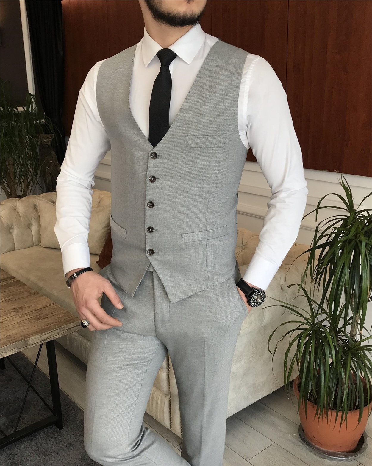 İtalyan stil ceket yelek pantolon gri 8 drop takım T7036