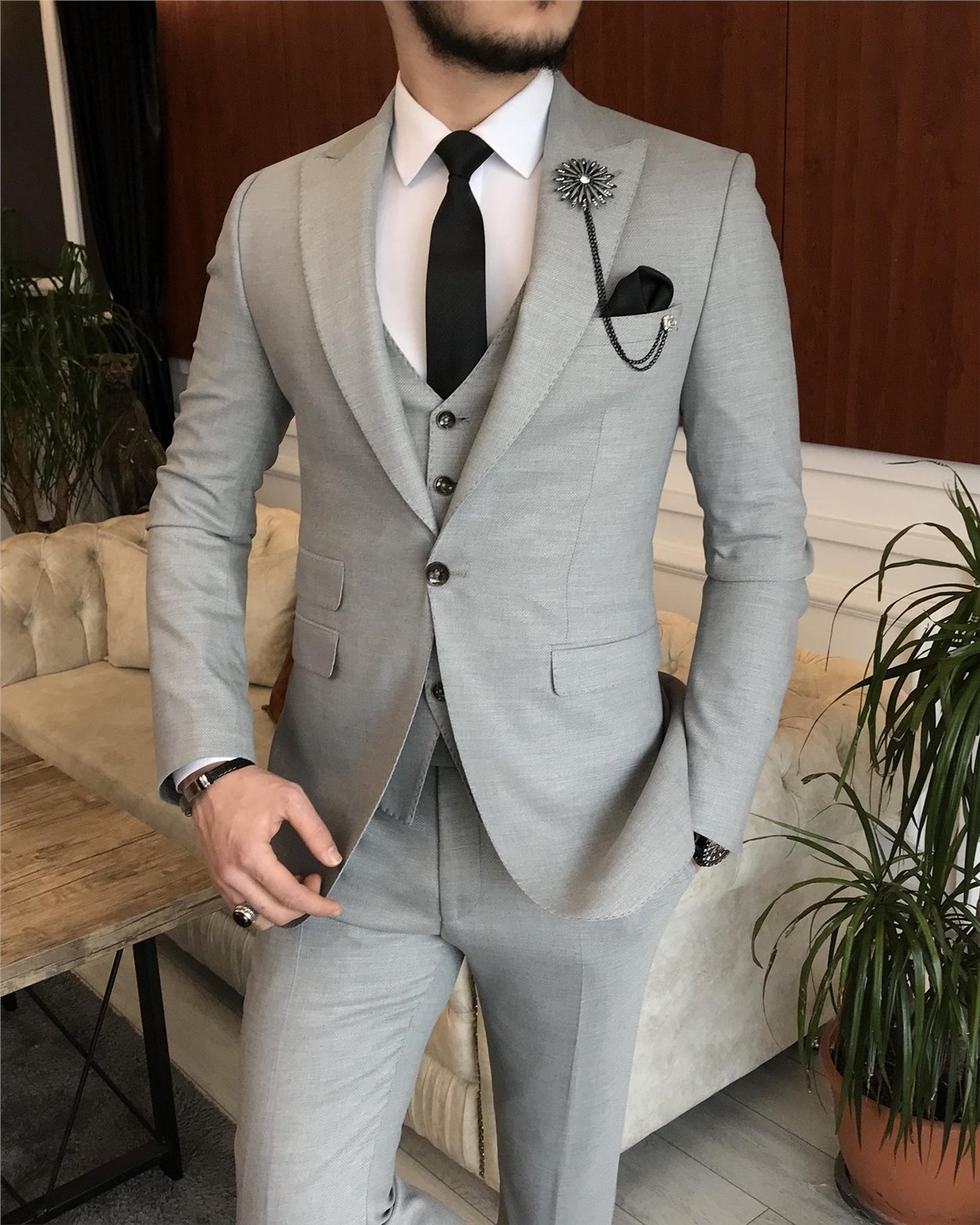 İtalyan stil ceket yelek pantolon gri 8 drop takım T7036