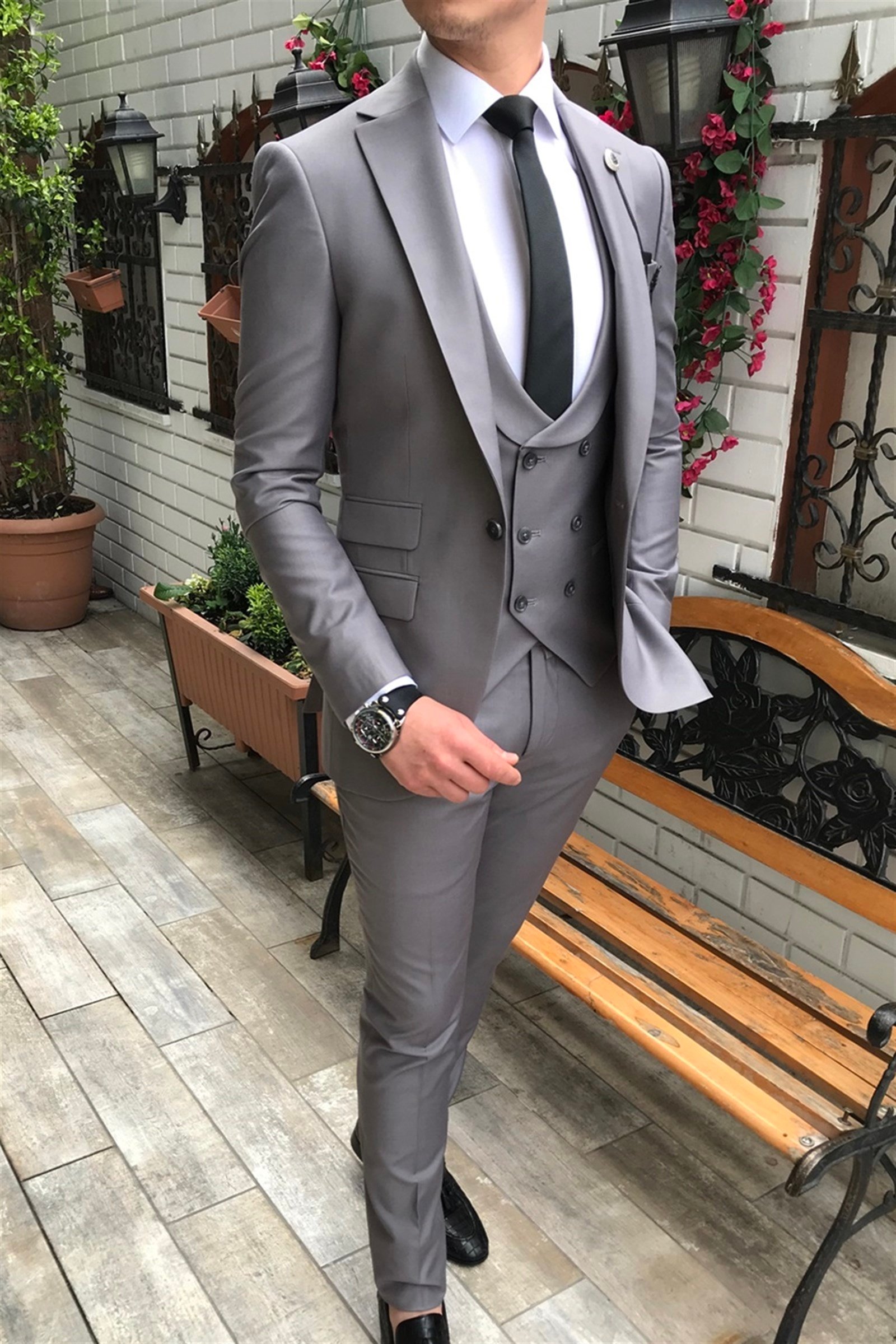 İtalyan stil ceket yelek pantolon gri 8 drop takım elbise T3545