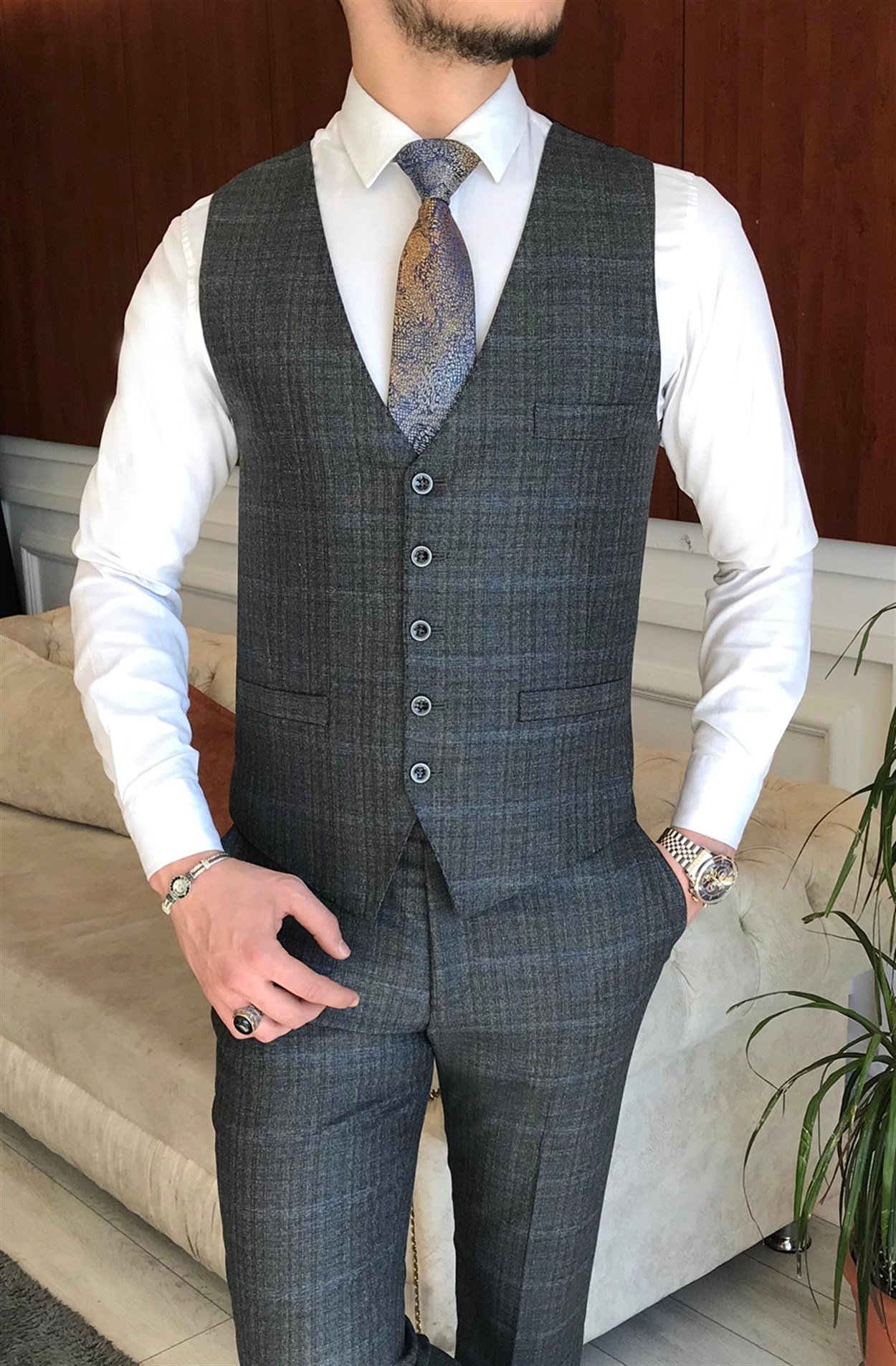 İtalyan stil ceket yelek pantolon gri 8 drop takım T7047