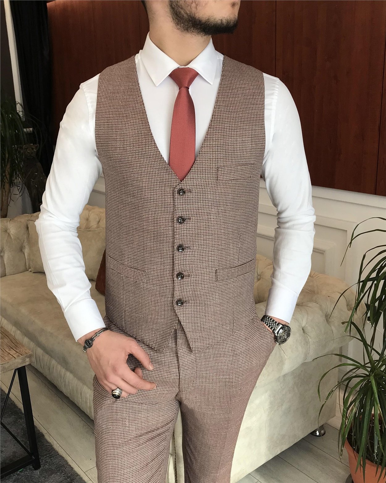 İtalyan stil ceket yelek pantolon kahverengi 8 drop takım T7040