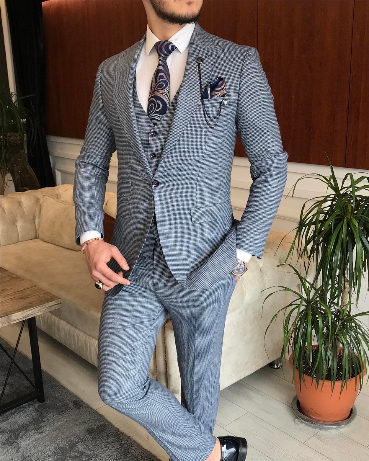 İtalyan stil ceket yelek pantolon mavi 8 drop takım T7037