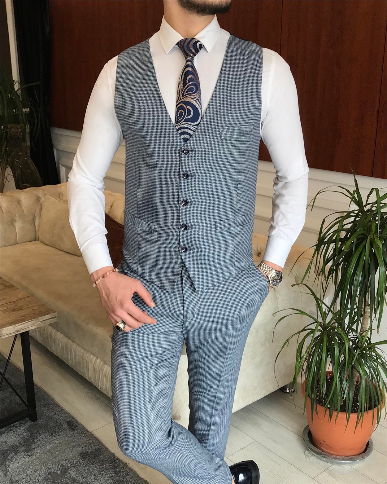 İtalyan stil ceket yelek pantolon mavi 8 drop takım T7037