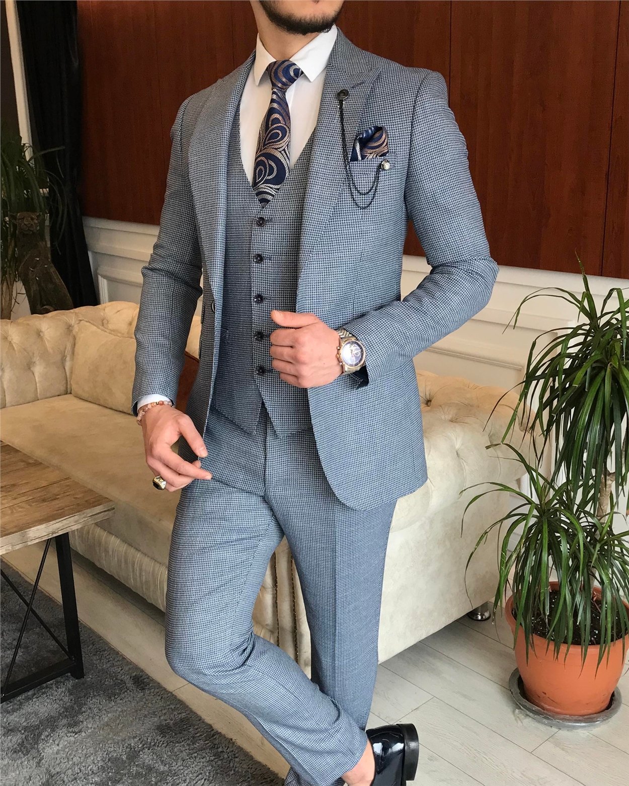 İtalyan stil ceket yelek pantolon mavi 8 drop takım T7037