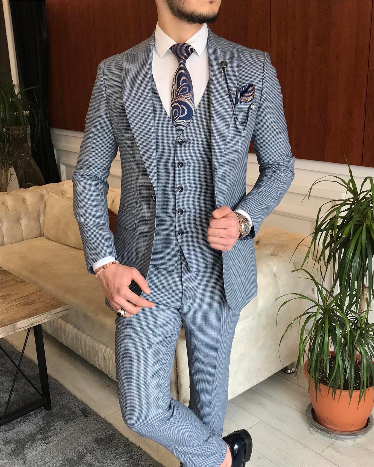 İtalyan stil ceket yelek pantolon mavi 8 drop takım T7037