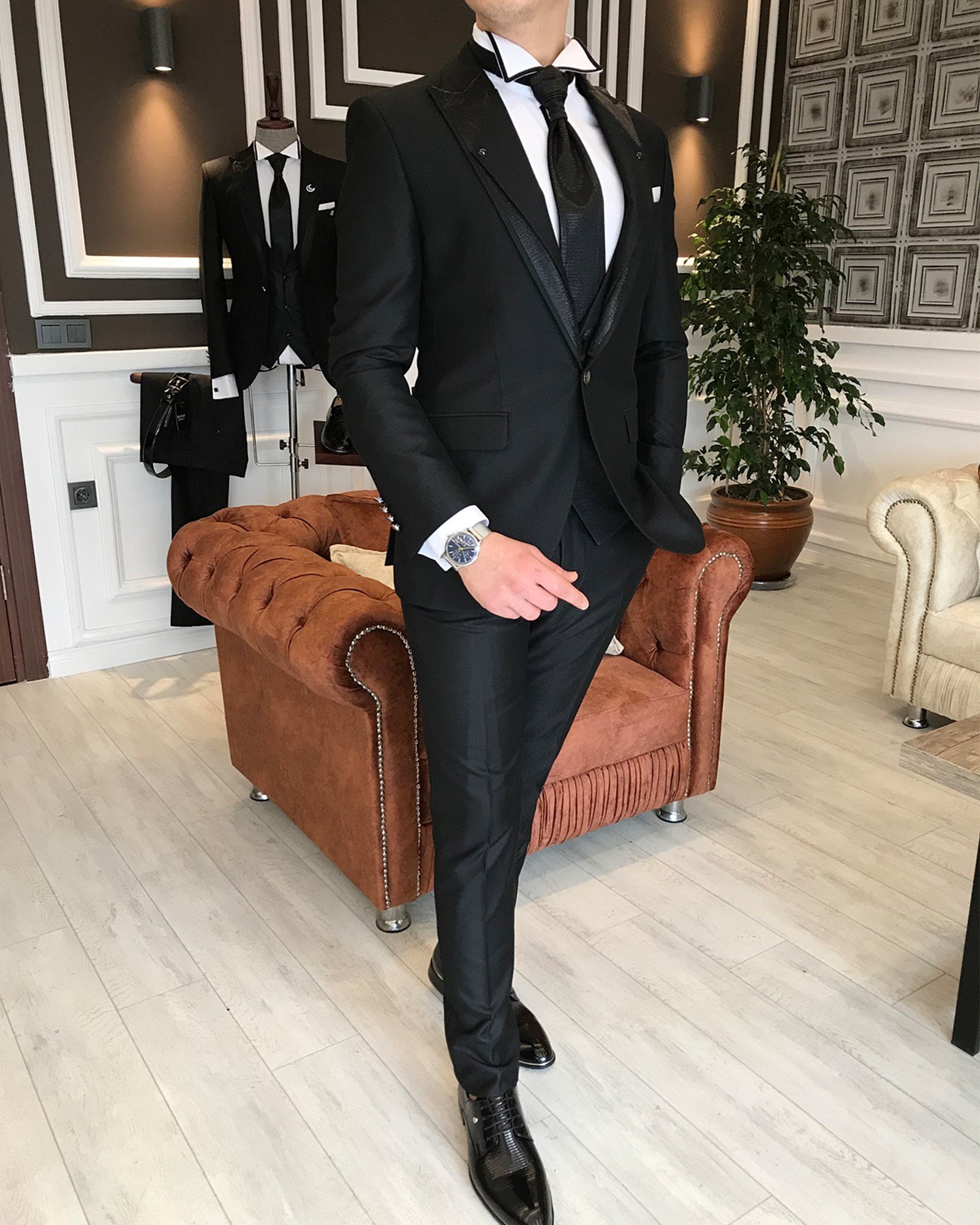 İtalyan stil ceket yelek pantolon siyah armürlü damatlık set T3746