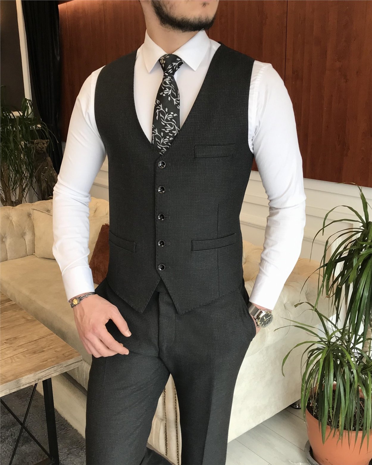 İtalyan stil ceket yelek pantolon siyah 8 drop takım T7034