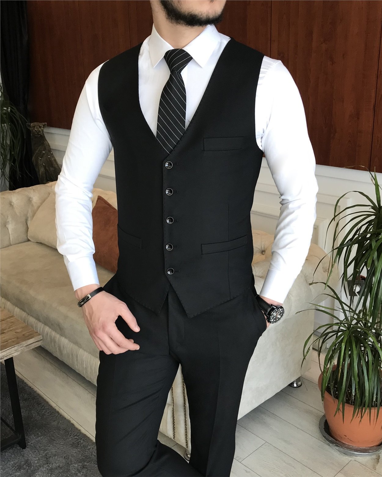 İtalyan stil ceket yelek pantolon siyah 8 drop takım T7032