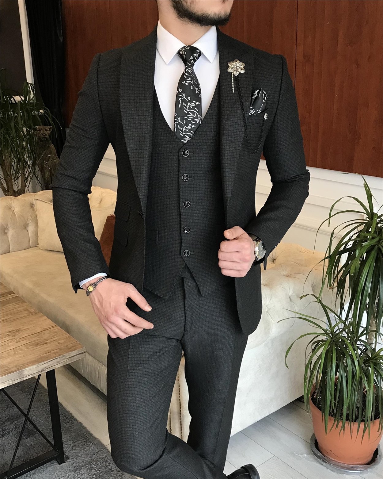 İtalyan stil ceket yelek pantolon siyah 8 drop takım T7034