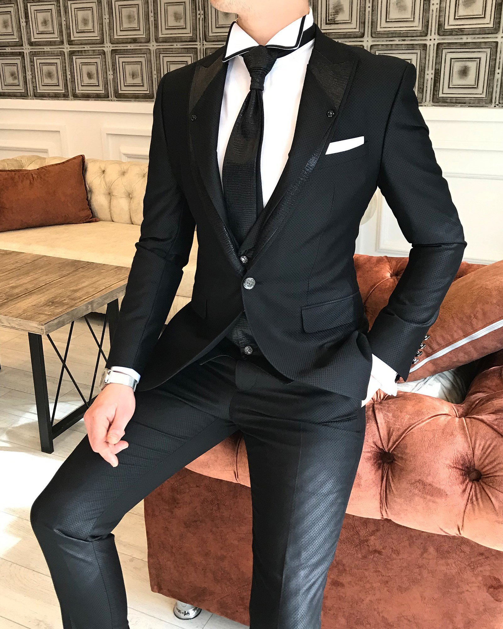 İtalyan stil ceket yelek pantolon siyah armürlü damatlık set T3746