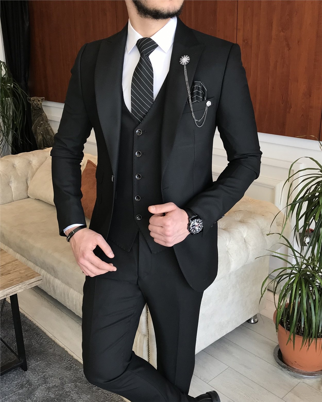 İtalyan stil ceket yelek pantolon siyah 8 drop takım T7032