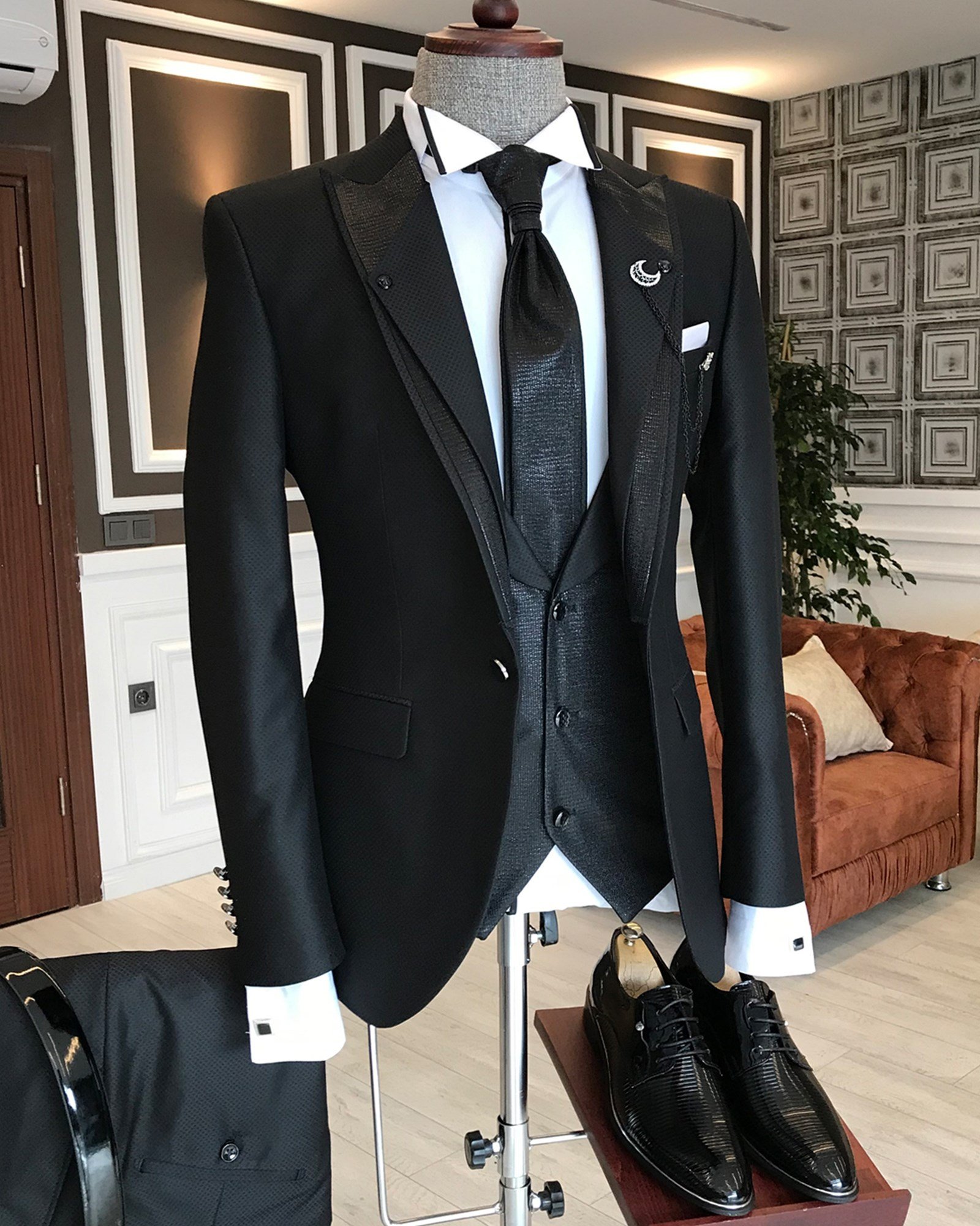 İtalyan stil ceket yelek pantolon siyah armürlü damatlık set T3746