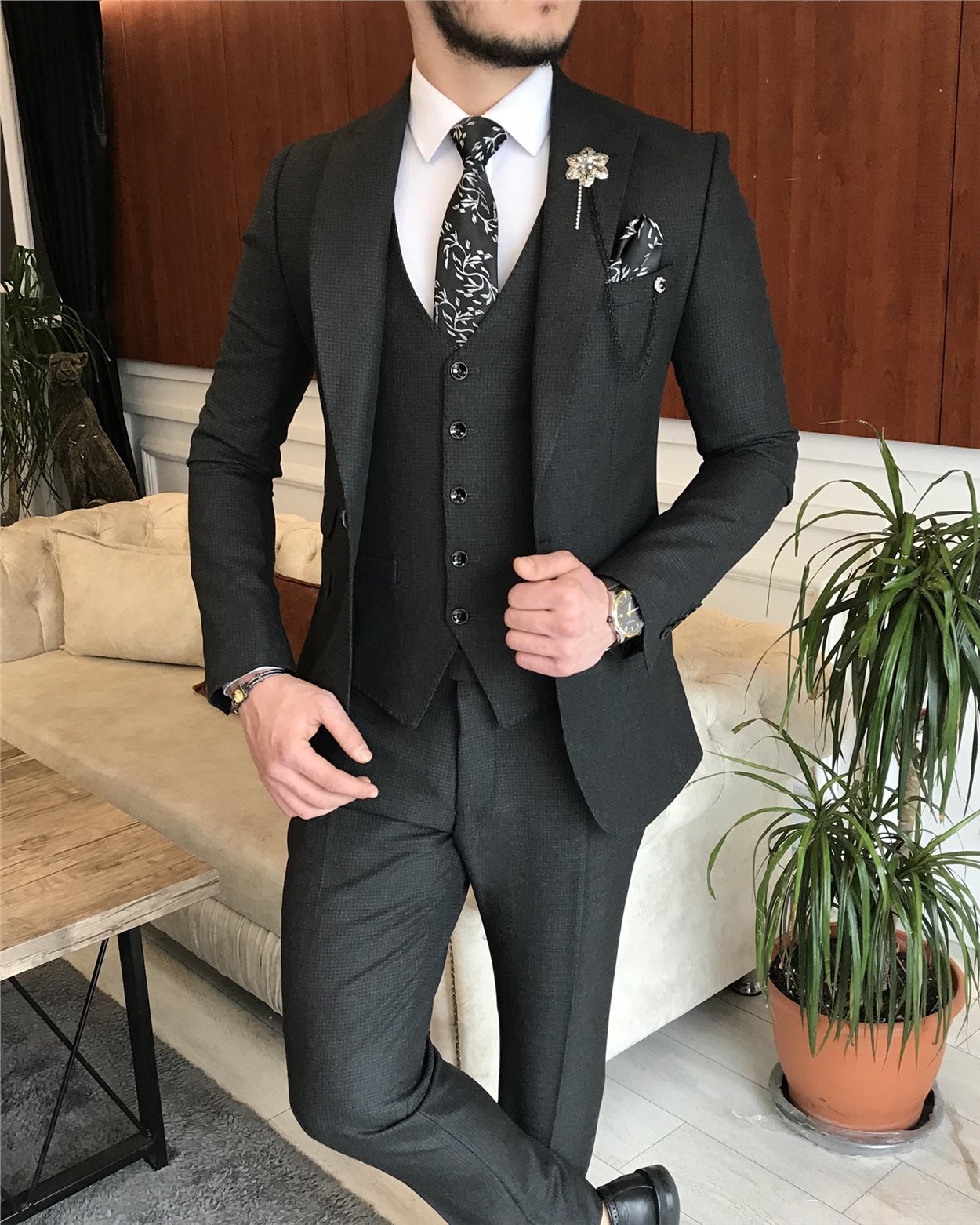 İtalyan stil ceket yelek pantolon siyah 8 drop takım T7034
