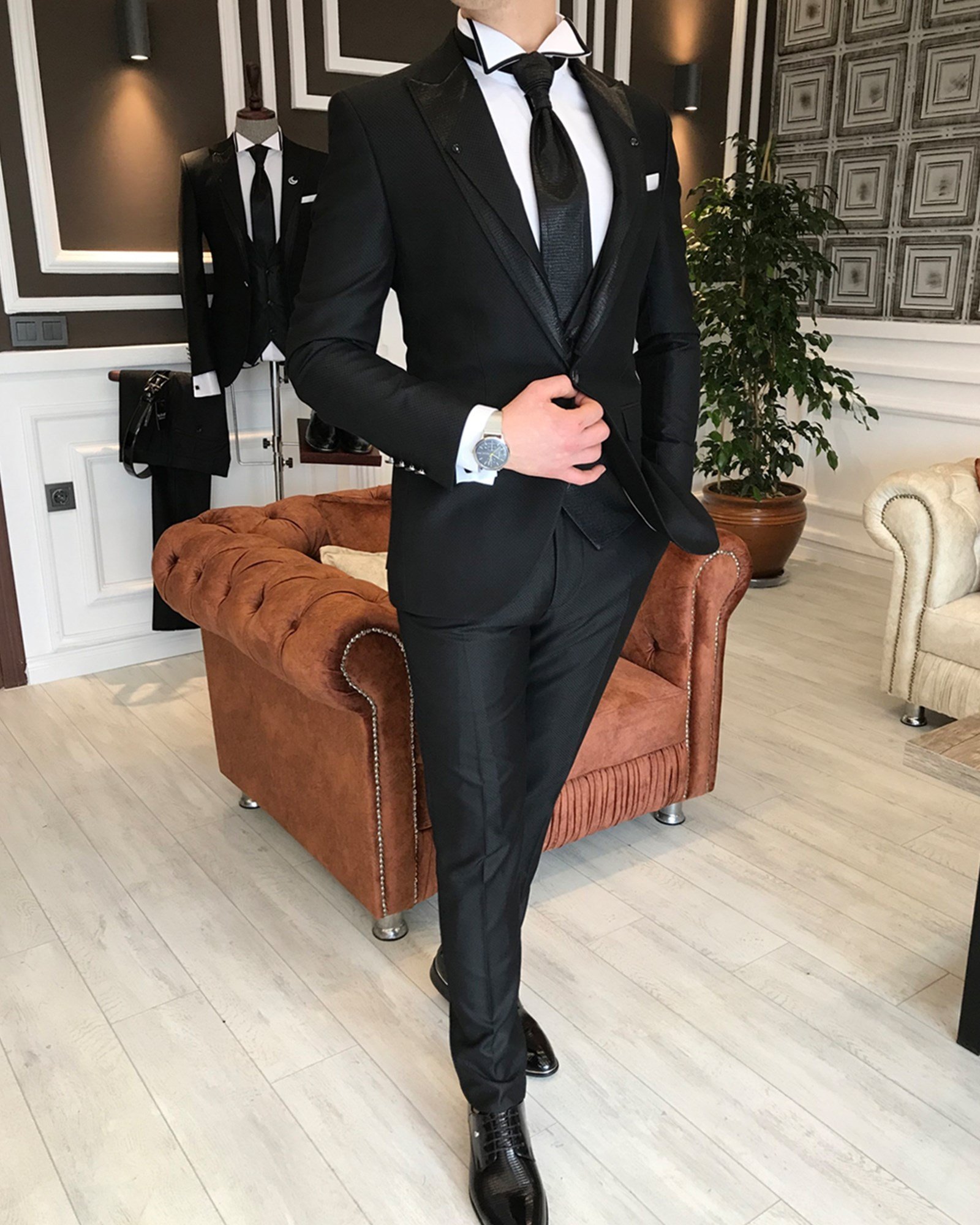 İtalyan stil ceket yelek pantolon siyah armürlü damatlık set T3746